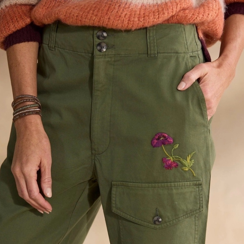 NWT Sundance Melissa Embroidered Olive Green Cargo Pants - Picture 2 of 13